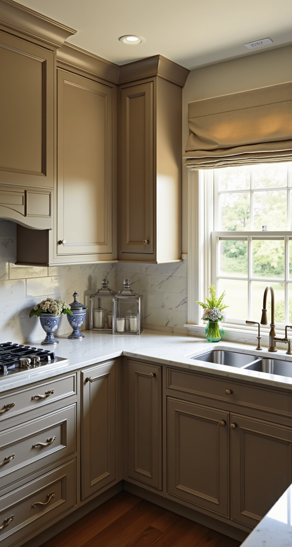 Transitional L-shaped kitchen featuring two-tone beige cabinets, a marble backsplash, and chinoiserie accents, captured during the golden hour with natural backlighting.