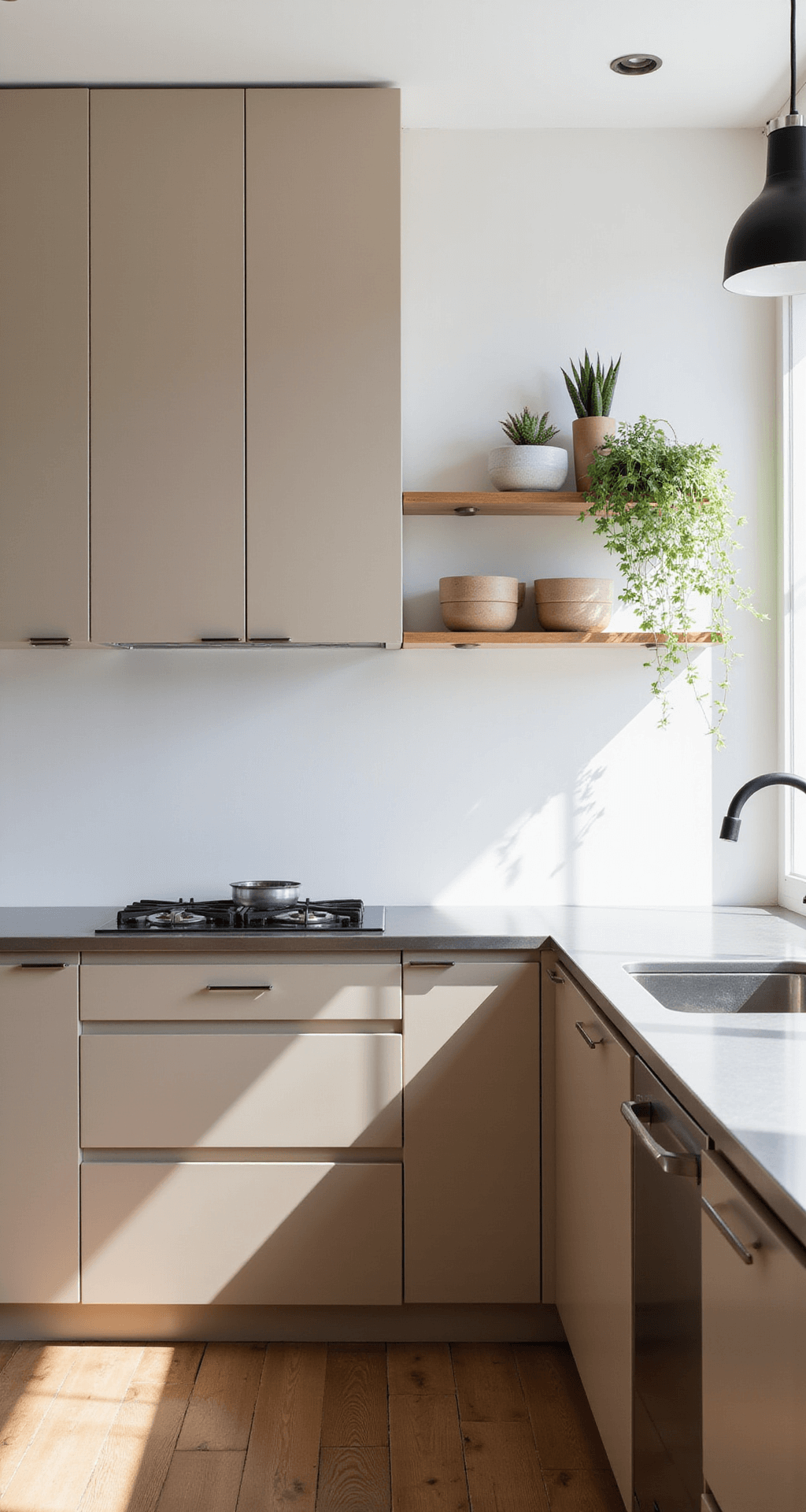 Compact urban kitchen with beige flat-panel cabinets, stainless steel countertops, clever storage solutions, Scandinavian accessories, potted succulents, and industrial pendant lights, all captured in bright, diffused daylight.