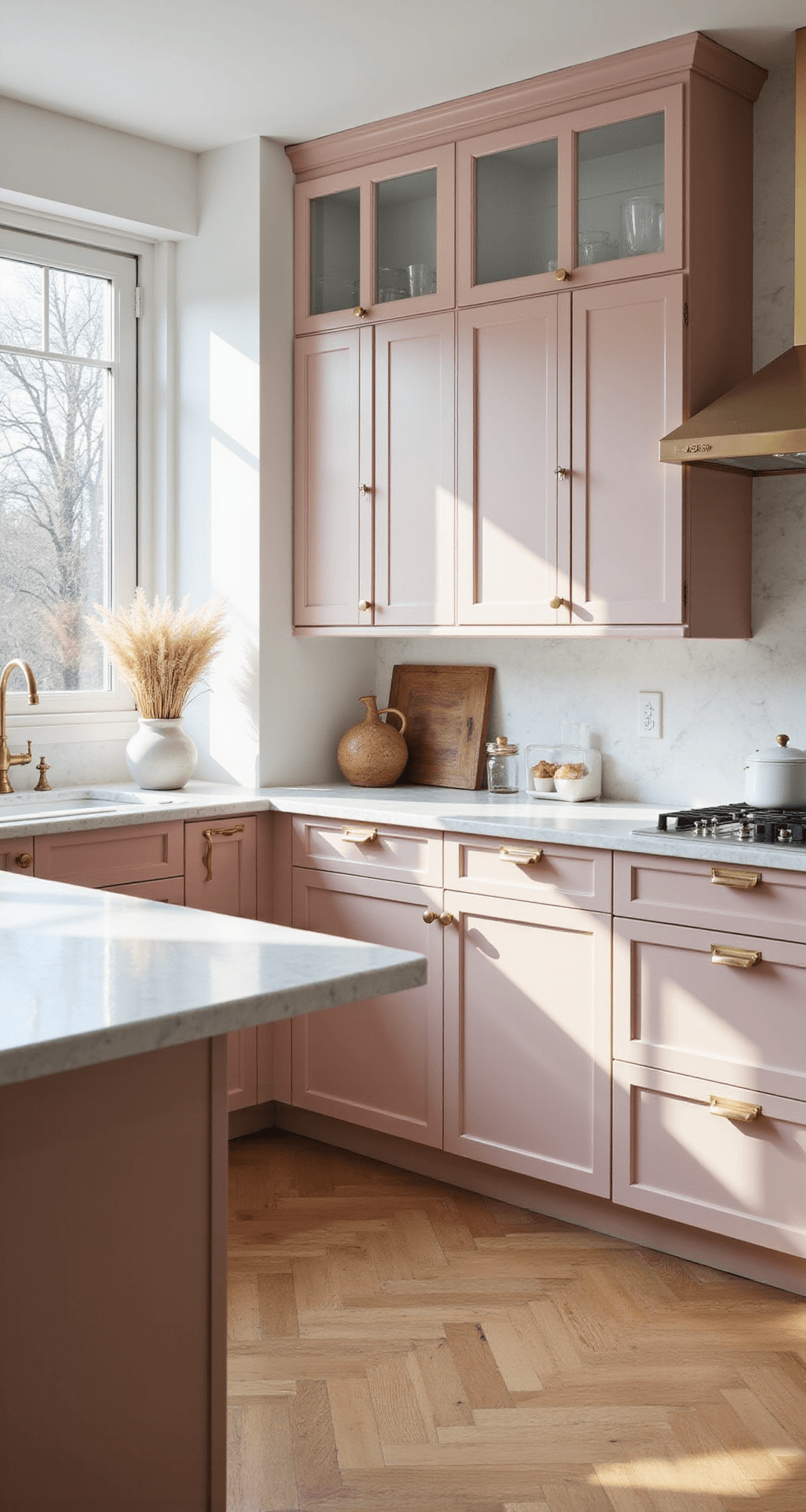 A modern kitchen featuring blush pink Shaker-style cabinets and white Carrara marble countertops, illuminated by morning light from east-facing windows, with a center island showcasing a vintage vase of pampas grass, set against white oak herringbone floors in a Scandinavian minimalist style.