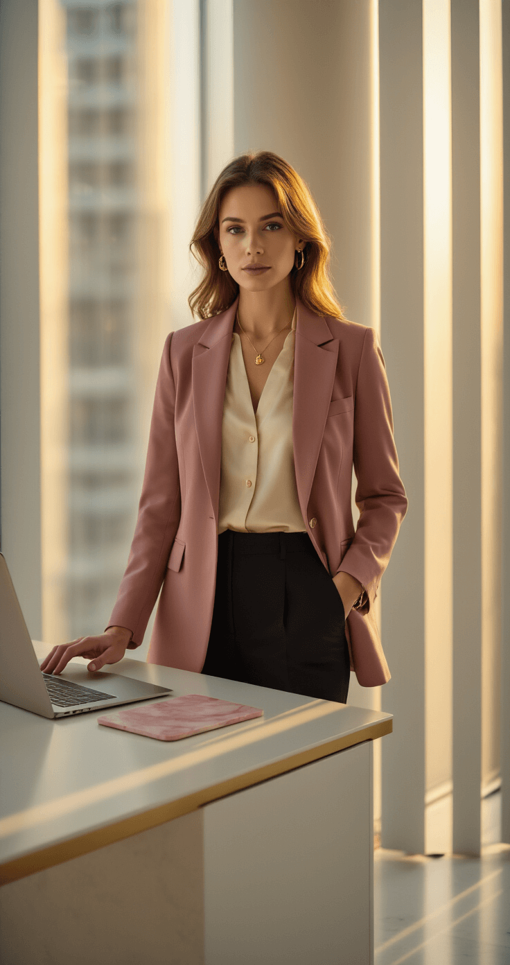 Professional woman in a dusty rose blazer strikes a power pose in a modern office, warm golden light filtering through vertical blinds, showcasing a sleek desk with a MacBook and pink marble mouse pad.