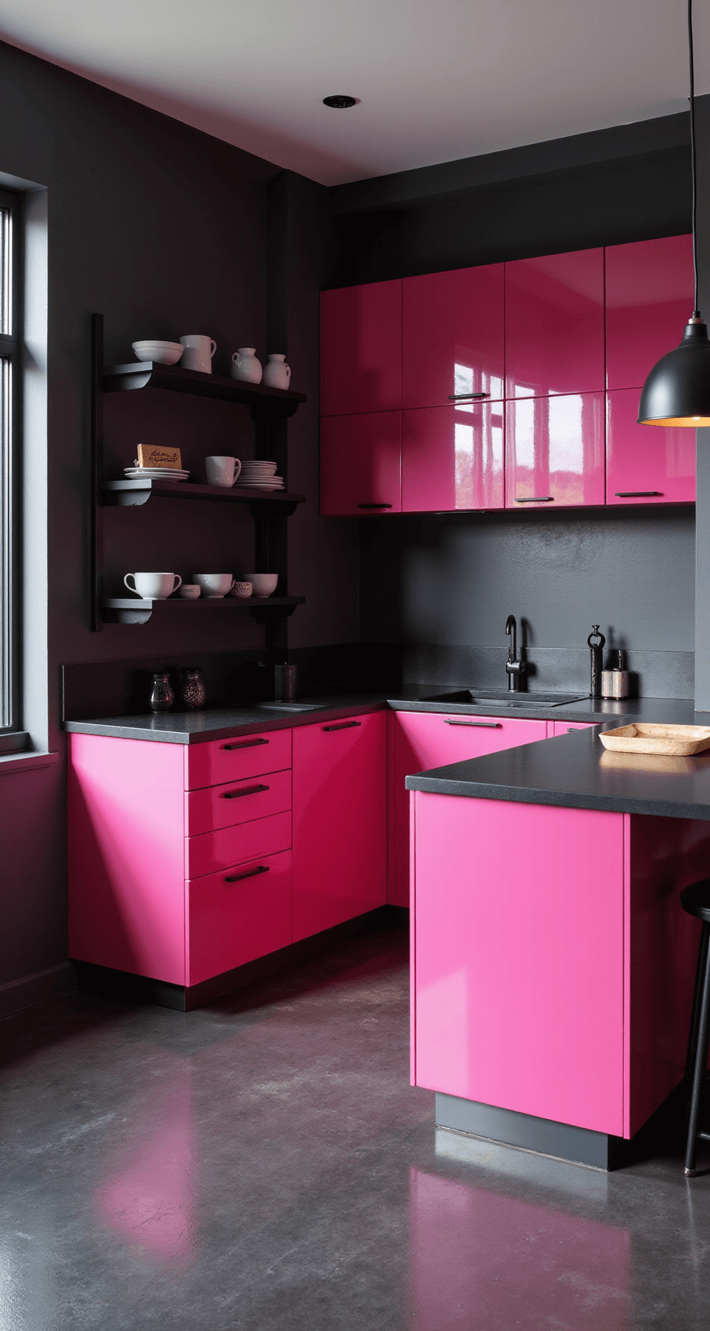 A contemporary L-shaped kitchen with hot pink high-gloss cabinets and matte black countertops, set on charcoal concrete floors, featuring dramatic afternoon lighting and industrial pendant lights, reflecting the ultra-modern design with a punk rock edge.