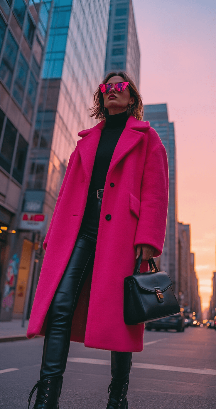 Urban street corner at sunset with a pink-tinted sky reflecting off glass buildings. A person in a hot pink wool coat over an all-black outfit, including a turtleneck, leather pants, and combat boots, stands confidently. They accessorize with statement sunglasses and a structured black handbag. The background showcases city architecture and vibrant street art, all shot from street level, capturing the dynamic energy of the urban environment in warm golden hour lighting.