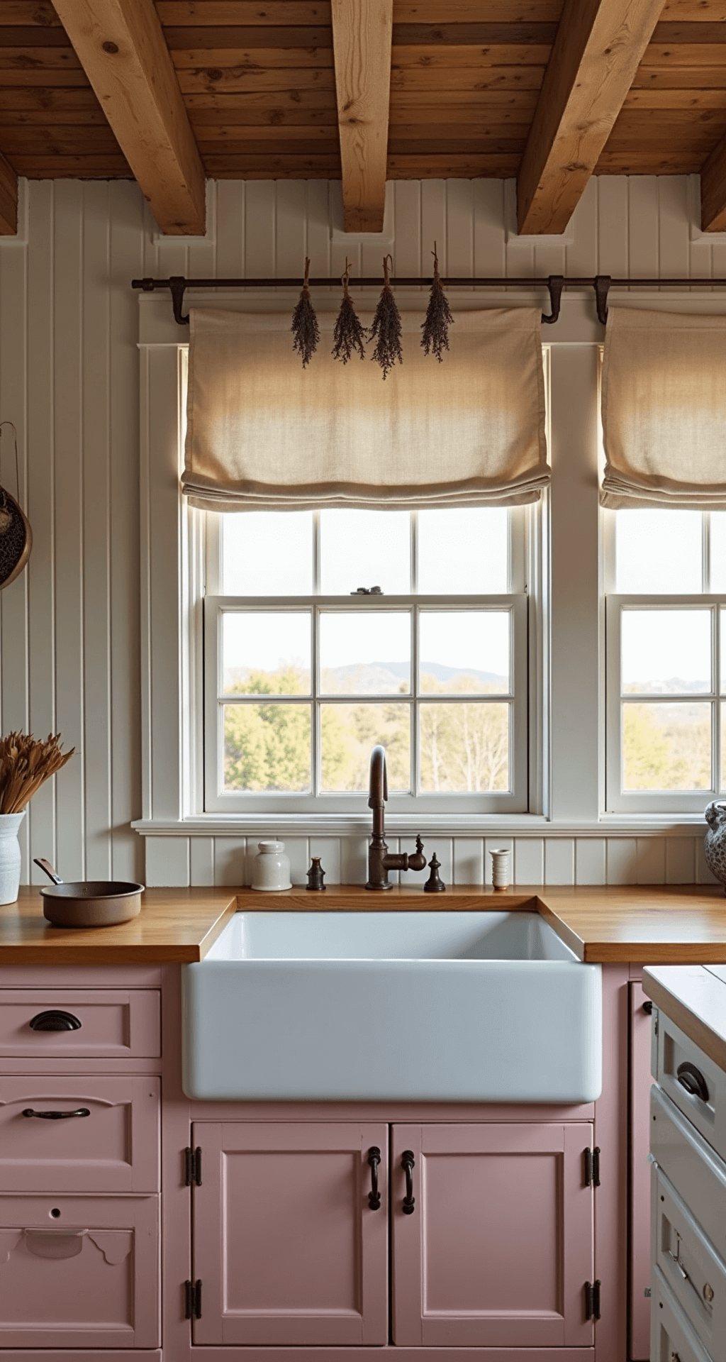 A cozy farmhouse kitchen with soft rose pink cabinets, butcher block counters, and vintage copper handles. Exposed wooden beams and a white ceramic farmhouse sink under a window with cafe curtains. Dried lavender hangs from a pot rack, illuminated by golden hour lighting streaming through the entrance.