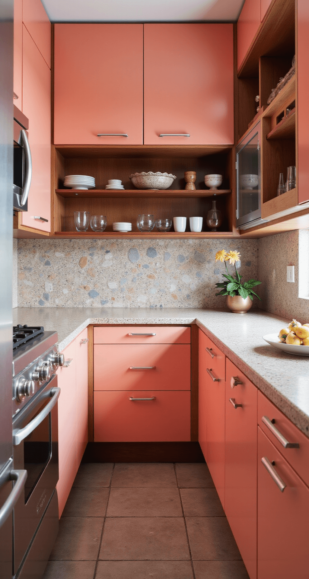 A mid-century modern galley kitchen featuring salmon pink flat-panel cabinets, terrazzo countertops with pink and brass chips, and a geometric tile backsplash, highlighted by walnut open shelving and dramatic shadows from artificial lighting.