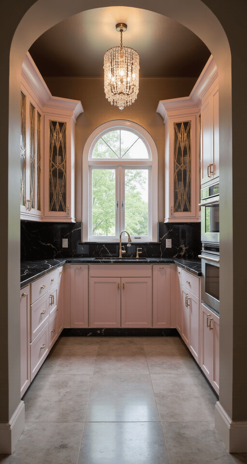 Art Deco inspired kitchen featuring dusty pink cabinets with fluted glass inserts, black marble countertops, metallic wallpaper, and a crystal chandelier, shot from an arched doorway.