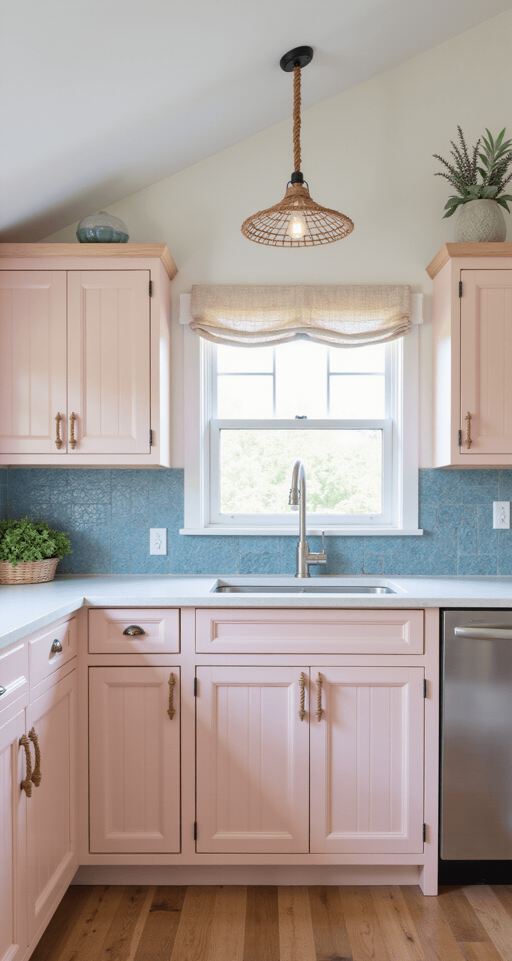 Coastal kitchen featuring pale pink beadboard cabinets with rope pull handles, white quartz counters, blue-grey glass tile backsplash, and rattan pendant lights, all illuminated by natural light filtering through sheer curtains, captured from an elevated perspective.