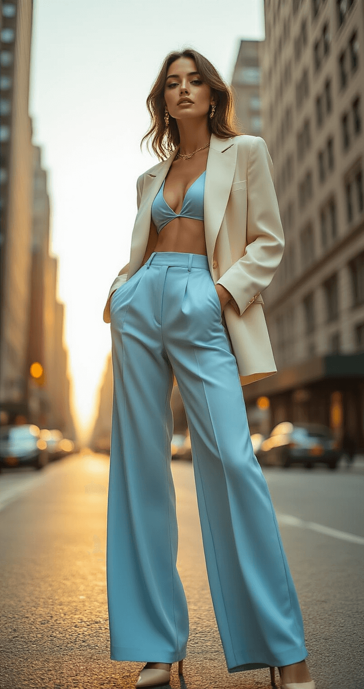 A model poses in a light blue bodysuit and high-waisted palazzo trousers, draped with a cream oversized blazer, against a Manhattan backdrop during golden hour. The low-angle shot captures the silk-like fabric's texture, highlighted by natural sunlight, with minimal gold jewelry and nude pointed heels.