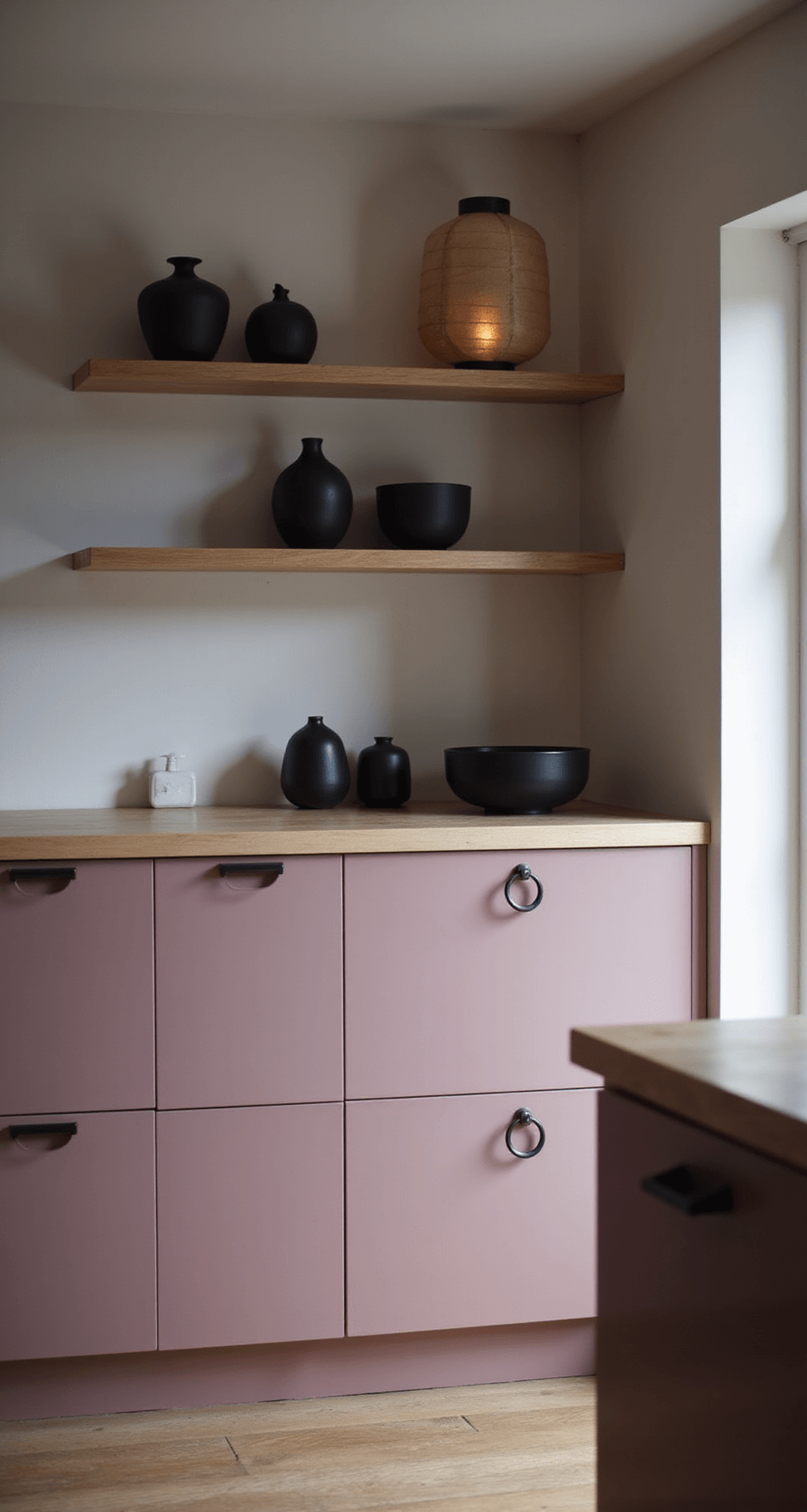 A minimalist zen kitchen featuring mauve pink slab cabinets with invisible handles, light maple wood counters, and floating shelves. Asymmetrically grouped black ceramic vessels and a softly glowing paper lantern create a moody atmosphere, emphasized by clean lines in a low perspective shot.