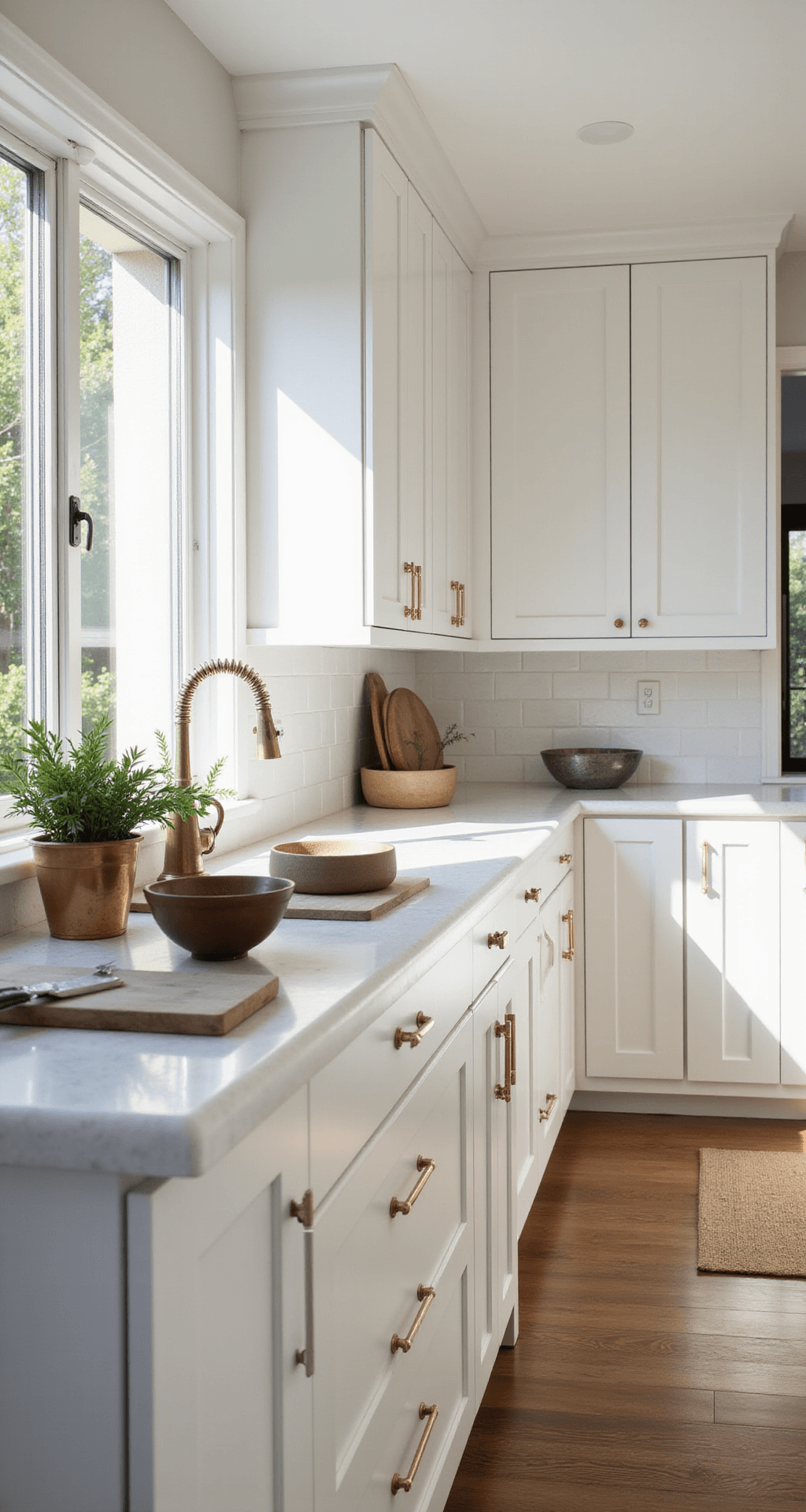 A bright and airy modern kitchen featuring floor-to-ceiling white shaker cabinets, a central island with a white quartz countertop, and a curated vignette of ceramic bowls, wooden cutting boards, and copper planters filled with herbs, all illuminated by morning light streaming through unadorned windows.