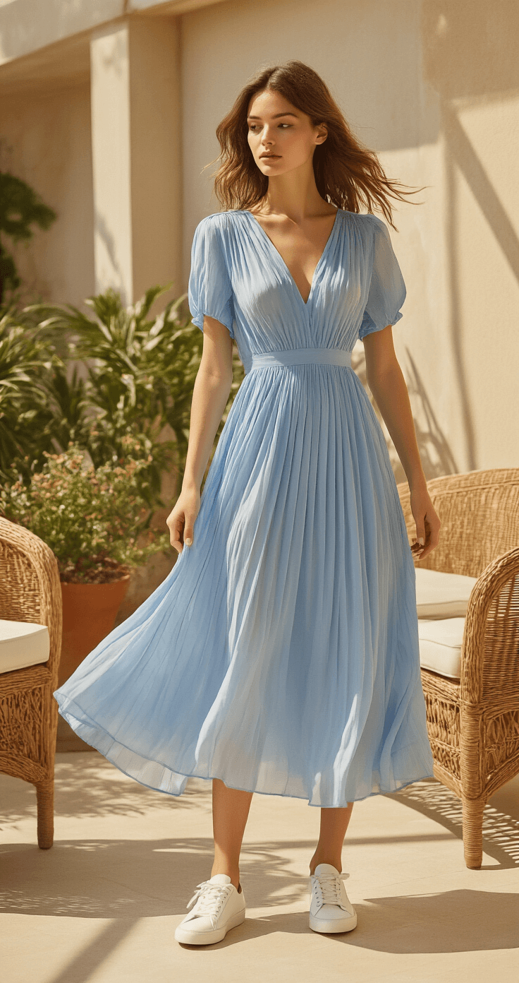 Model in a cornflower blue midi dress with pleats and white leather sneakers, standing on a sunlit rooftop terrace with vintage wicker furniture and potted plants, hair gently swaying in the breeze under warm afternoon lighting.