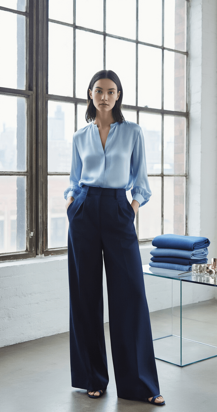 A minimalist white studio featuring a model in a light blue silk blouse tucked into navy wide-leg pants, showcasing various blue fabric textures. The space is illuminated by diffused natural light from large industrial windows, with a clean composition emphasizing the color gradient between the outfit pieces and metallic accessories arranged on a modern glass side table.