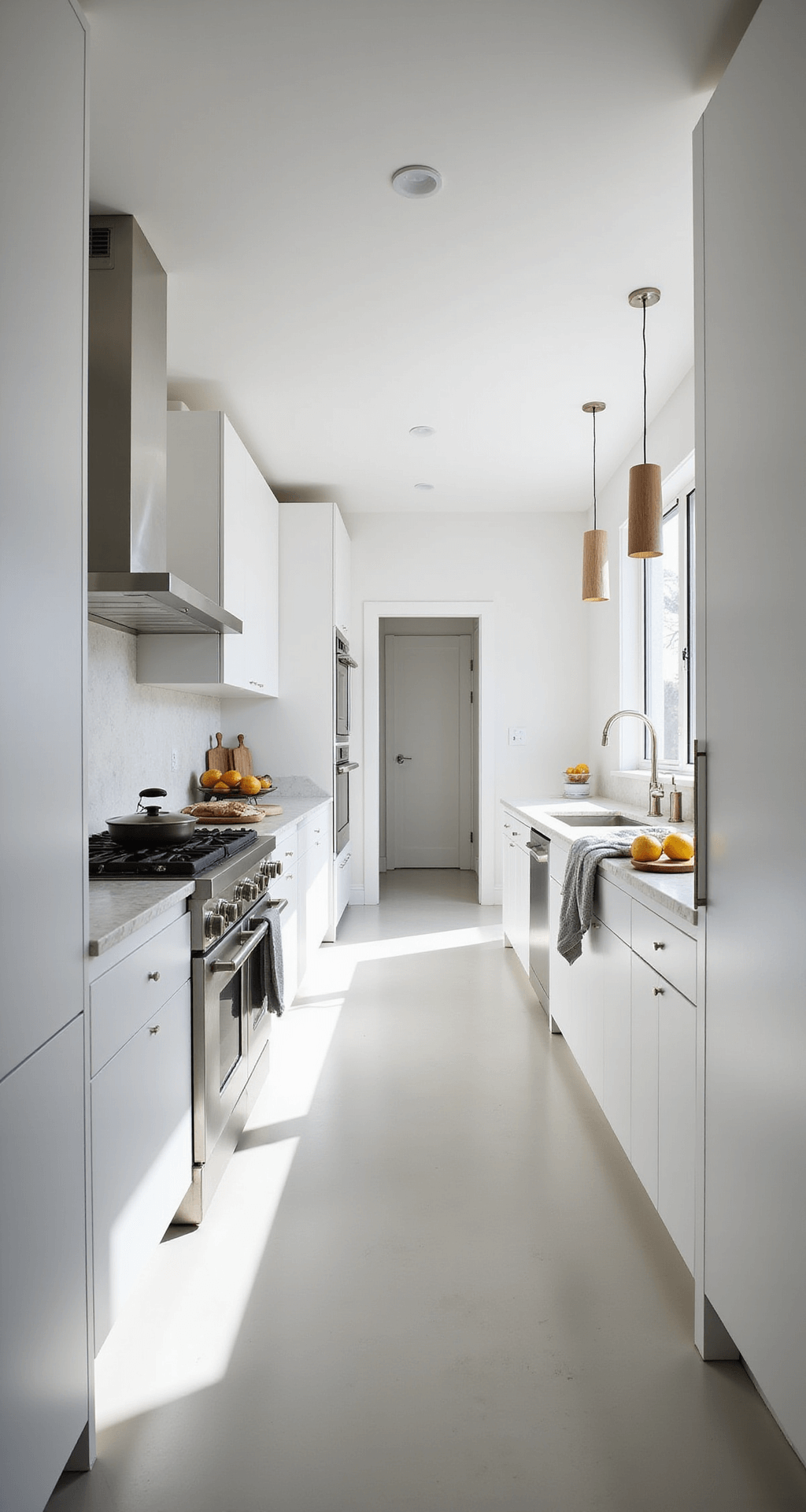 A minimalist white galley kitchen featuring streamlined flat-panel cabinets, stainless steel appliances, and quartzite counters with pendant lights, showcasing professional cookware and fresh citrus in a wide-angle shot that emphasizes length and symmetry.