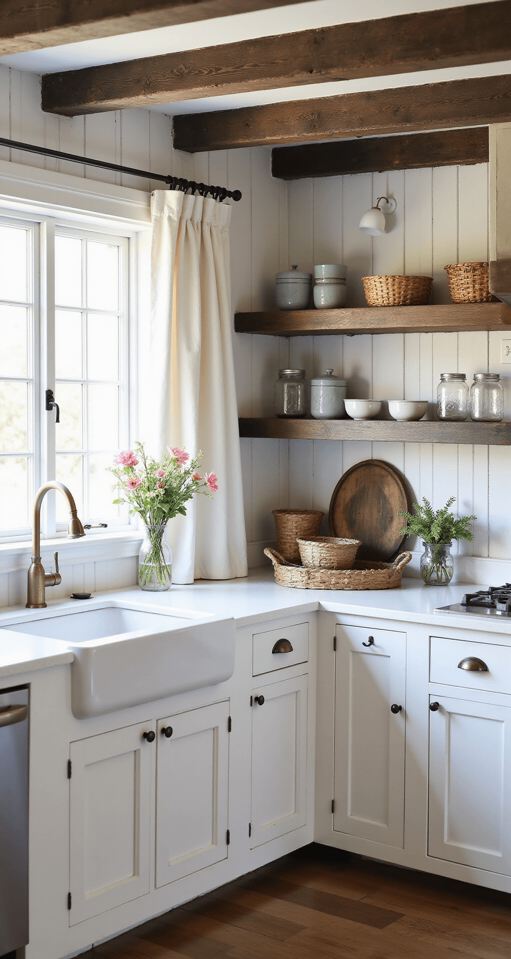 A cozy farmhouse-style kitchen with a 10ft beamed ceiling, white beadboard cabinets, and vintage brass bin pulls, illuminated by early morning light filtering through cafe curtains. Open shelving showcases ironstone pottery and antique copper, adorned with fresh flowers in mason jars and woven baskets on top. The image is captured from a corner perspective, highlighting rich textures and rustic details.
