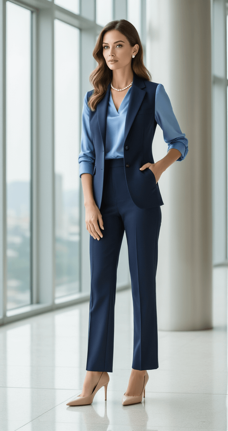 Female executive in tailored navy pantsuit and silk powder blue blouse stands confidently in a modern office environment with floor-to-ceiling windows, showcasing clean architectural lines and subtle pearl jewelry, complemented by nude pumps.