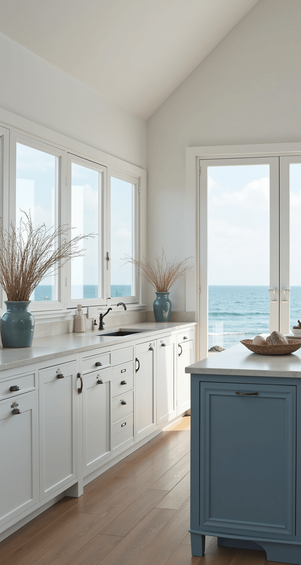 A serene and sophisticated modern coastal kitchen featuring vaulted ceilings, white flat-panel cabinets, and a blue-grey island with waterfall edges. Natural elements like driftwood and ceramic vessels in oceanic hues are styled throughout, with afternoon light diffusing through French doors.