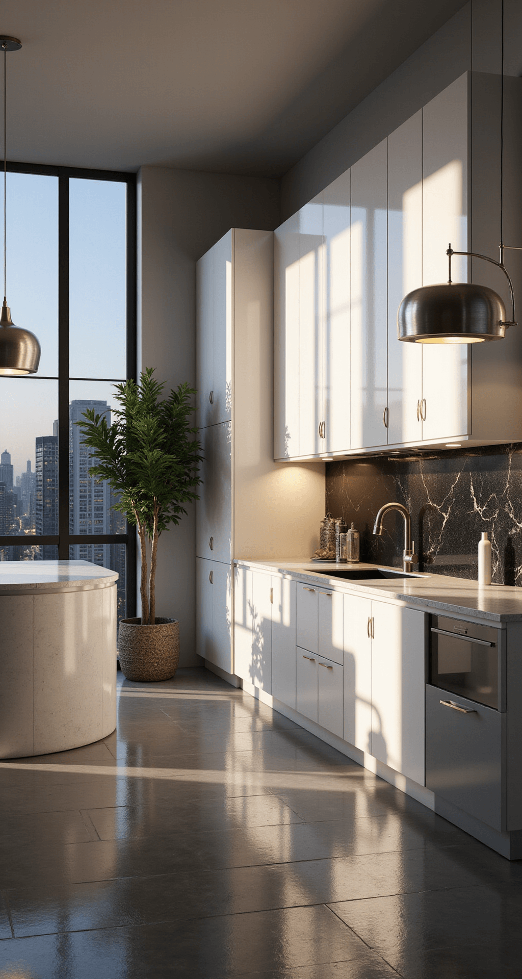 Contemporary white kitchen featuring 12ft glossy cabinets reflecting dusk light, dramatic pendant lighting casting artistic shadows, and a waterfall quartz island adorned with black ceramics and metallic accents, framed by floor-to-ceiling windows showcasing urban views.