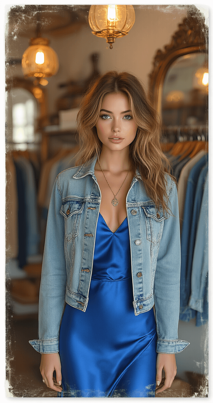 A model layers a denim jacket over a silky cobalt slip dress in a vintage boutique interior, showcasing mixed blue textures among clothing racks, with warm lighting and reflections in an antique mirror, highlighting the contrast between distressed denim and smooth silk.