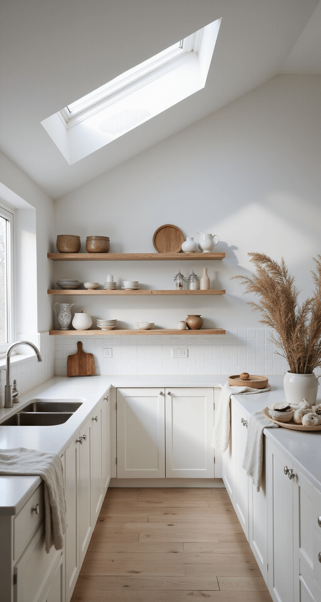 A serene Scandinavian-inspired white kitchen featuring a pitched ceiling, simple slab cabinets, and raw wood open shelving with handmade pottery and dried botanicals, illuminated by morning light through a skylight.