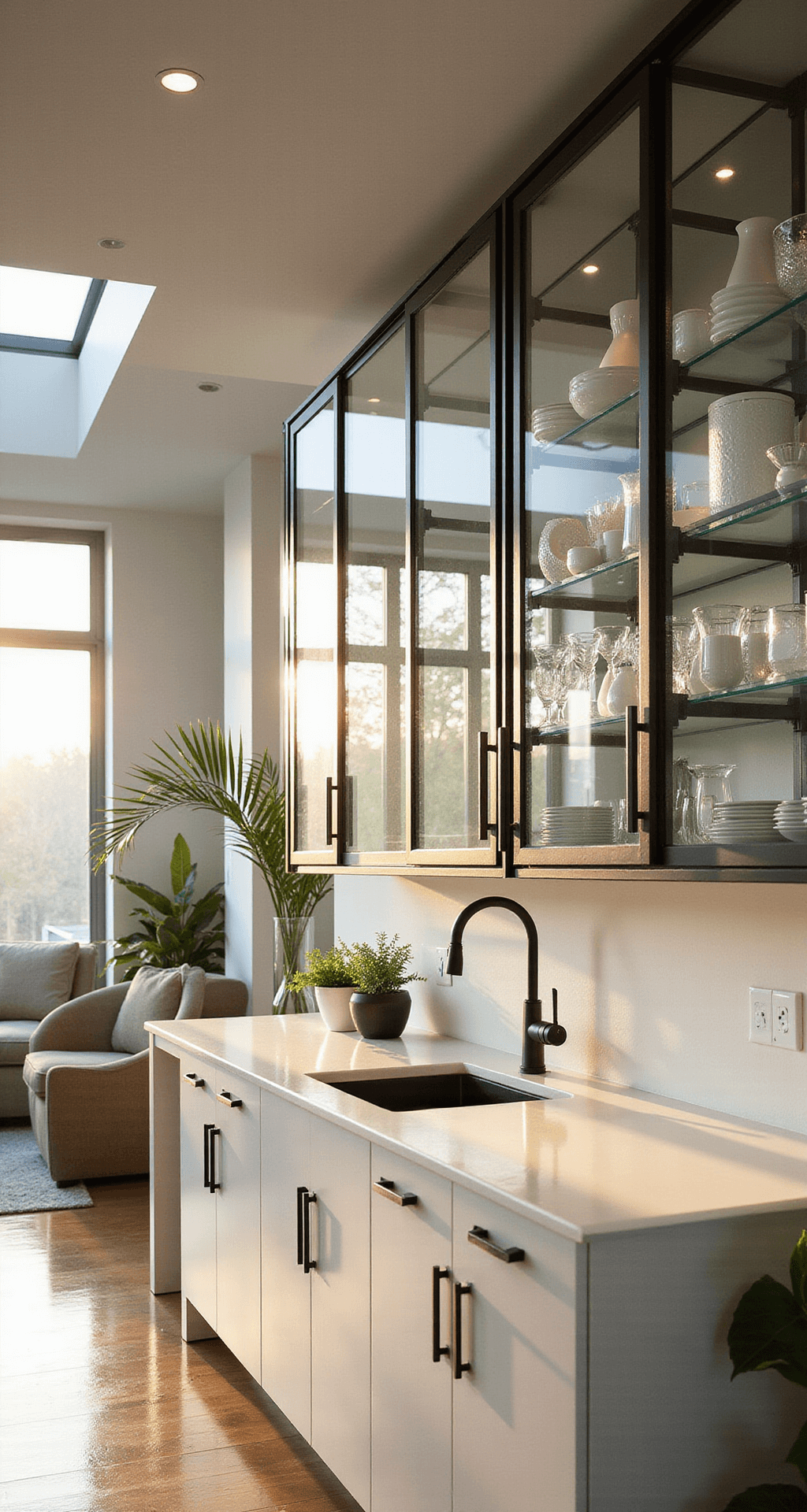 Interior view of a sunlit modern kitchen featuring floor-to-ceiling glass cabinets, white quartz countertops, and organized ceramic and crystal displays, all illuminated by warm golden hour light.