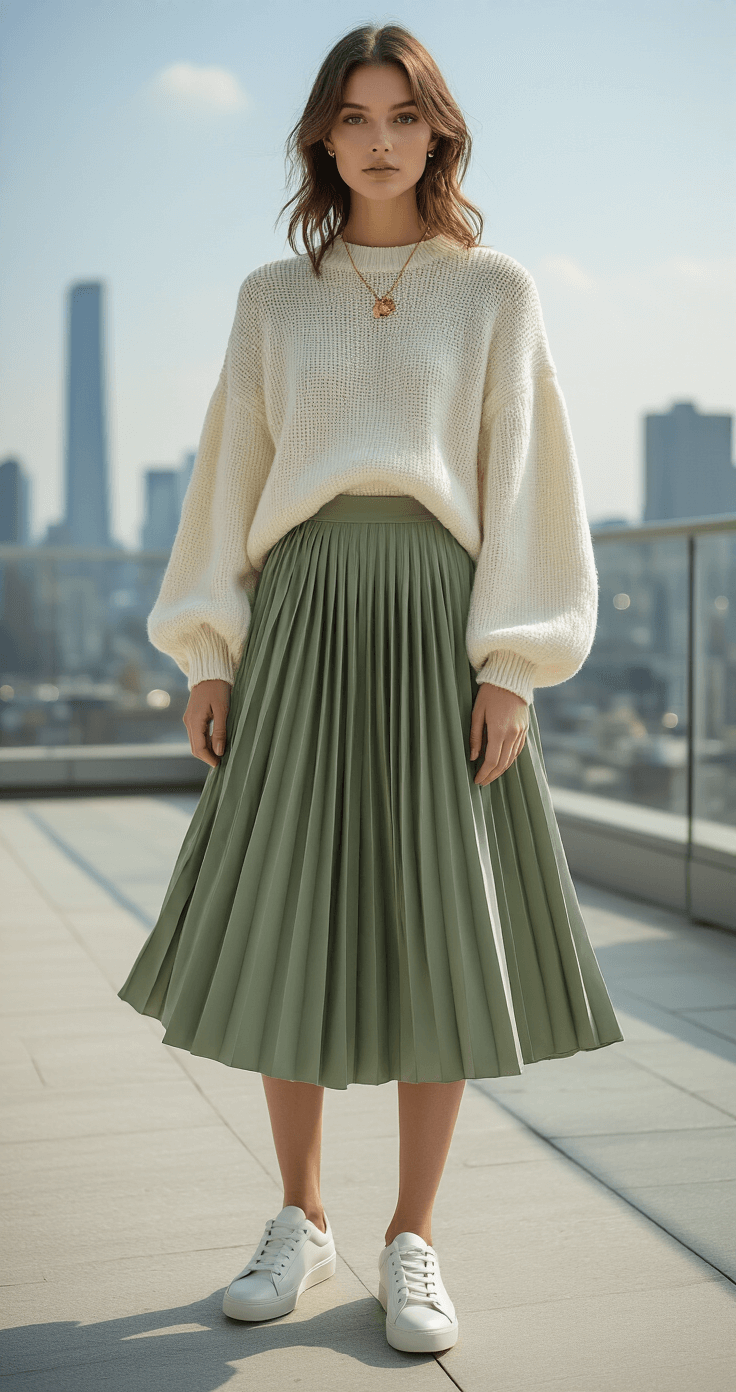 Model on a modern rooftop terrace in the city, wearing a sage green silk knife-pleated midi skirt and an ivory chunky knit sweater with balloon sleeves, accessorized with white leather sneakers and a gold pendant necklace, captured in soft morning light with a bokeh city backdrop.