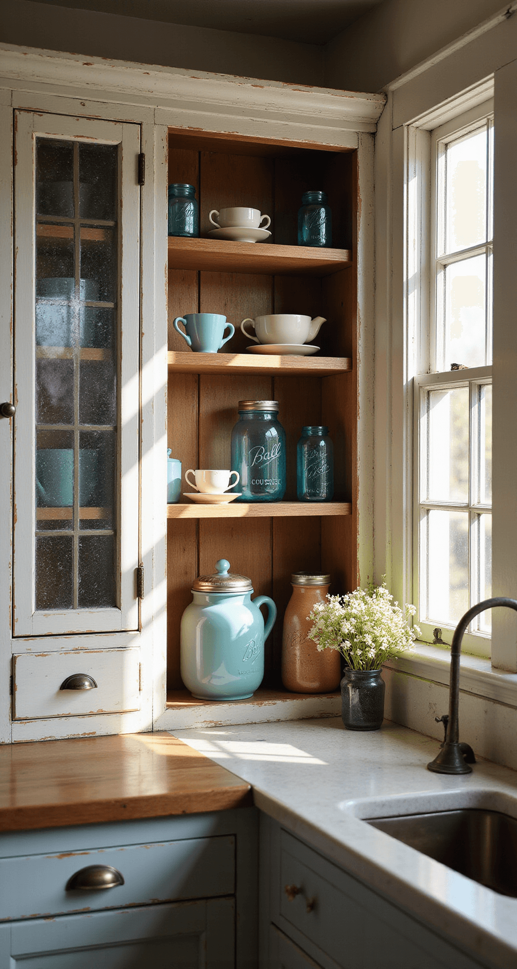 Intimate corner of a farmhouse kitchen with distressed white cabinet doors, vintage blue mason jars, cream earthenware, and copper accents, all softly illuminated by late afternoon light.