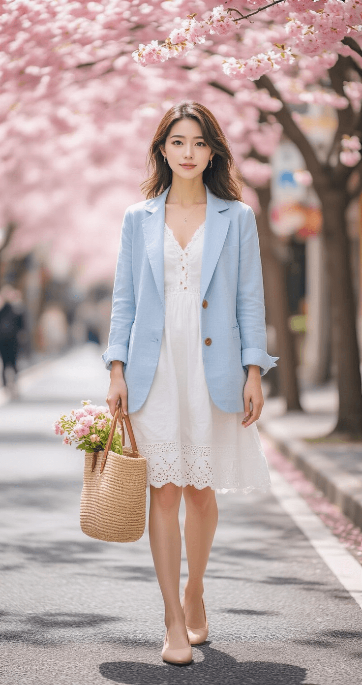 A woman wearing a pastel blue linen blazer over a white eyelet midi dress and nude ballet flats stands on a cherry blossom-lined street in soft pink morning light. A light denim jacket is casually tied around her shoulders, and she holds a woven straw bag with leather trim filled with fresh flowers, all while cherry blossoms softly frame the scene overhead.