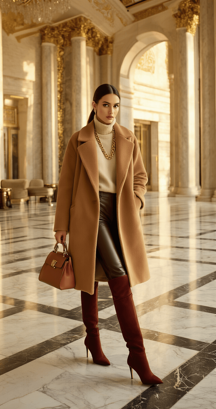 A model in a camel wool coat, chocolate brown leather pants, and cream cashmere turtleneck stands in a luxurious hotel lobby with dramatic marble floors, illuminated by golden hour light. She accessorizes with a gold-tone chain necklace, rich burgundy suede over-the-knee boots, and holds a structured cognac leather handbag, her hair styled in a sleek low bun. The shot is taken from a low angle, highlighting the movement of the coat and reflections on the marble.
