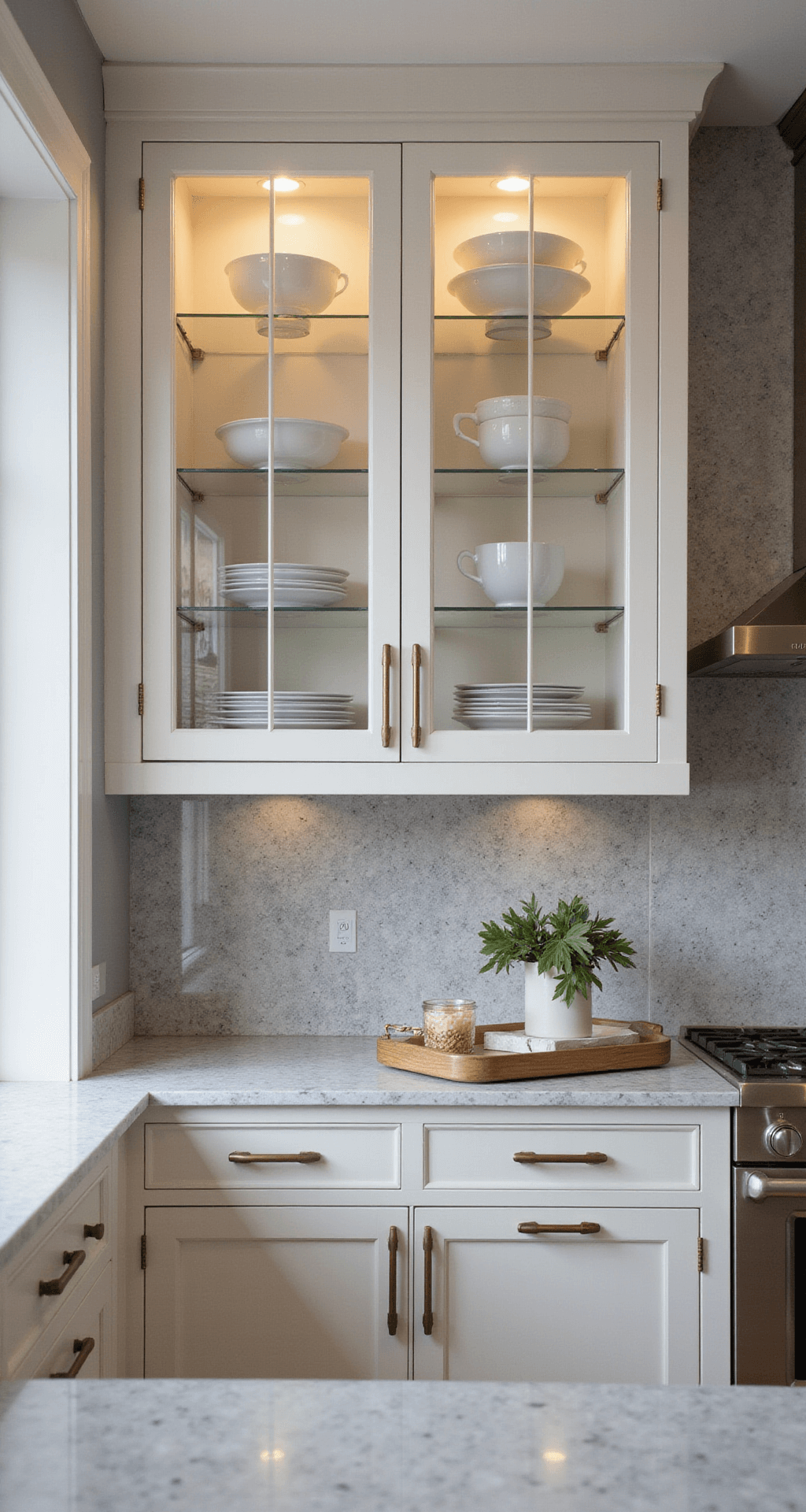 Wide-angle view of a transitional kitchen with glass upper cabinets and bronze frames, featuring illuminated white and gold dinnerware against a marble backsplash in soft morning light.