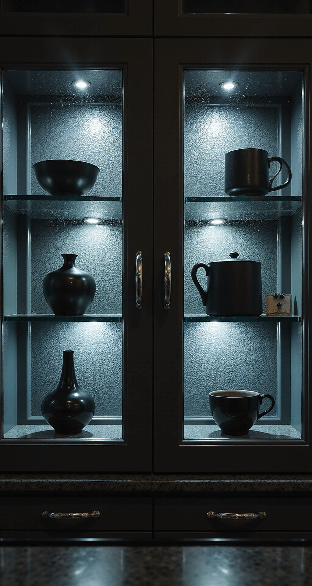 Detail shot of textured glass cabinet doors in a contemporary kitchen, illuminated by LED under-cabinet lighting creating dramatic shadows, showcasing minimalist black and white ceramics and polished chrome hardware, shot from below at a 30-degree angle to emphasize dimensional patterns.