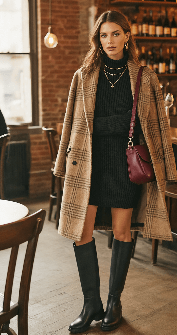 Cozy wine bar with exposed brick walls and warm lighting; a model in a black knit sweater dress and camel checked wool coat stands elegantly, wearing black Chelsea boots and carrying a burgundy leather shoulder bag, accessorized with gold hoops and layered necklaces. The image captures the intimate atmosphere and rich winter textures from a slightly elevated angle.