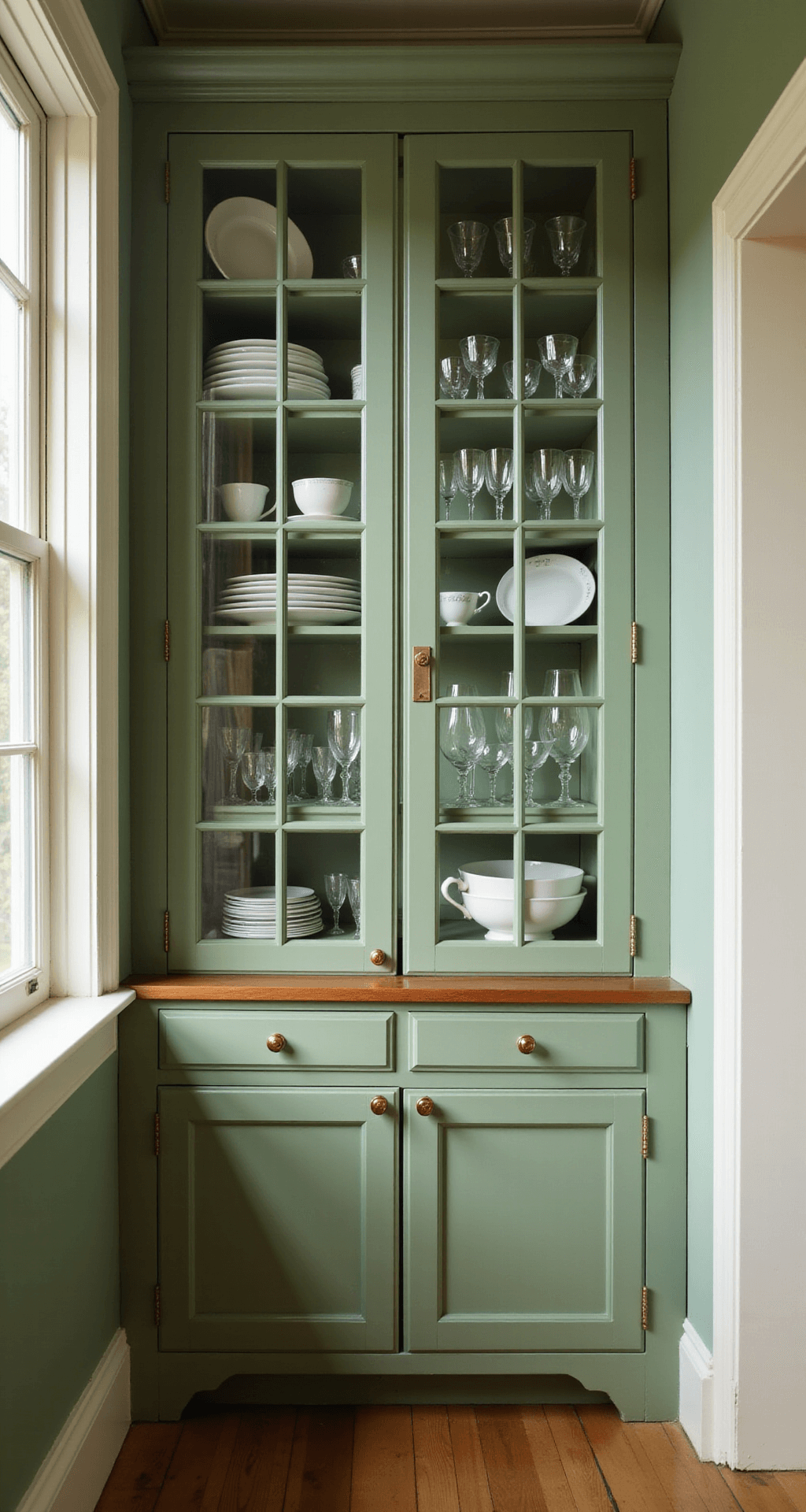 A corner vignette of a classic kitchen showcasing sage green mullioned glass cabinet doors filled with organized vintage china and crystal stemware, illuminated by morning sunlight. The elegant scene features gleaming brass hardware against painted frames, captured with a soft depth of field.