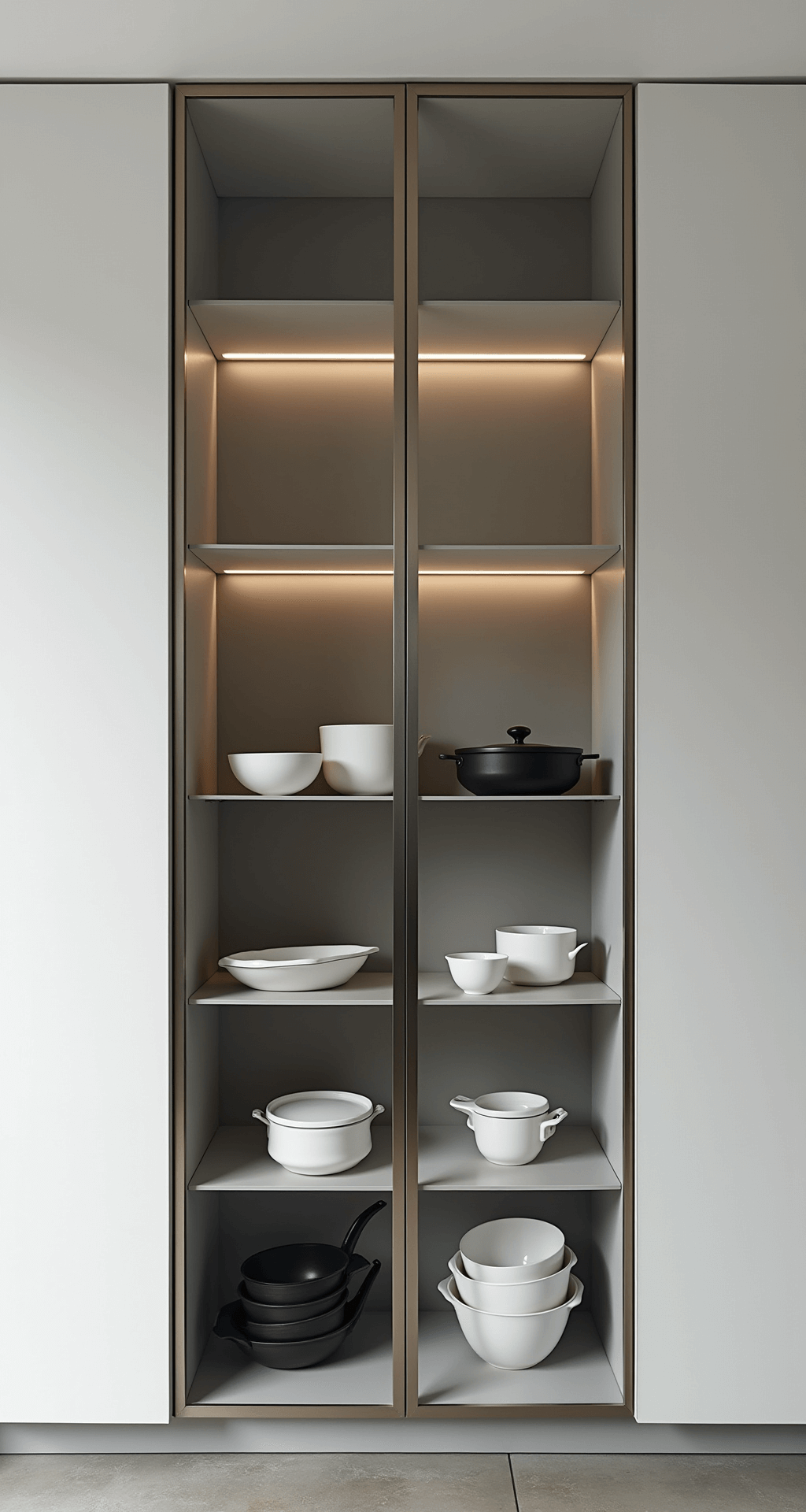 A modern minimalist kitchen featuring floor-to-ceiling clear glass cabinets showcasing white ceramics and matte black cookware, illuminated by interior lighting against warm gray walls, with sleek stainless steel frames blending into white walls, captured with strong directional lighting for clean shadows and maximum detail.