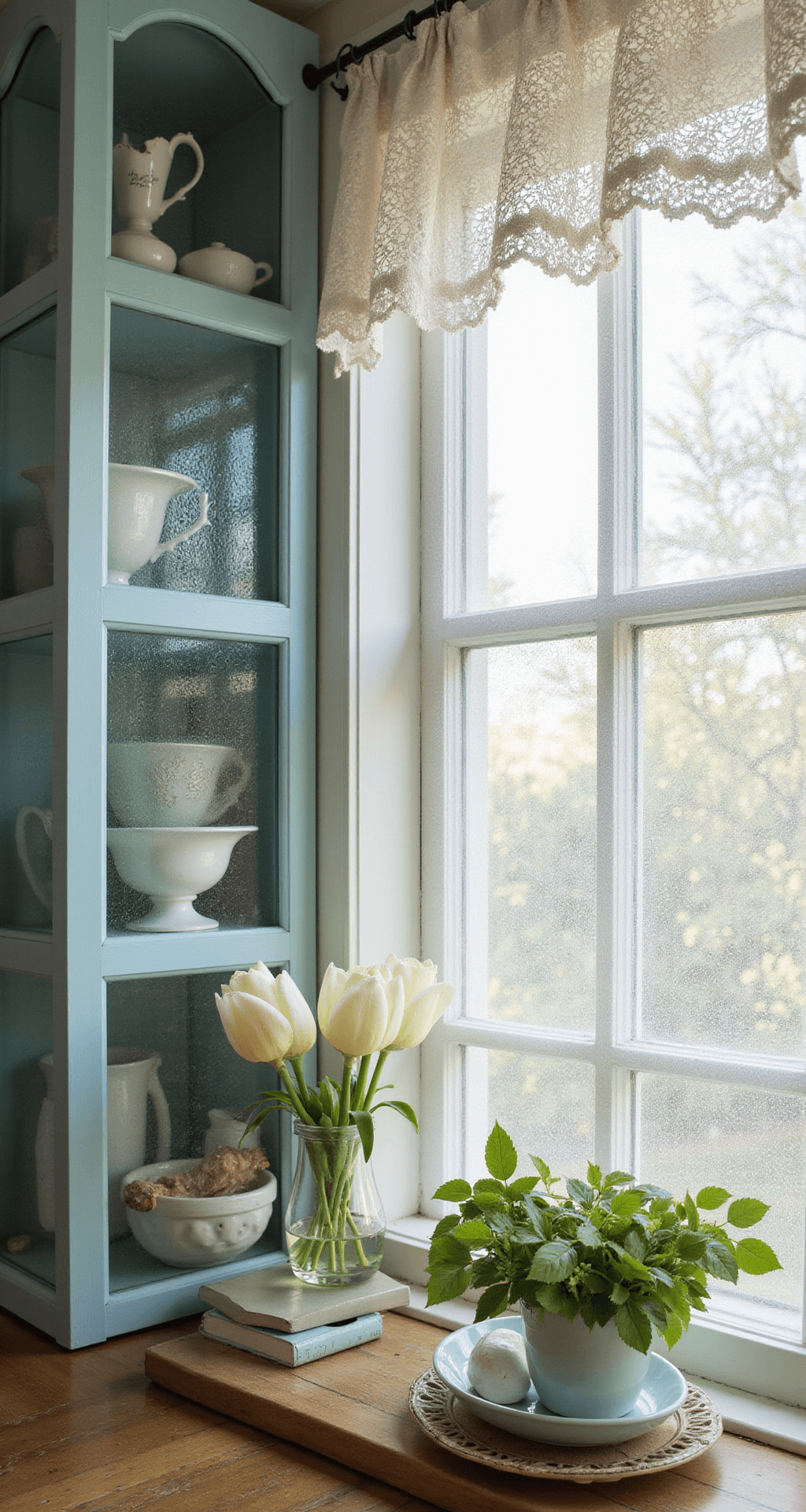 Close-up of DIY-transformed glass insert cabinets in a cottage kitchen, featuring frosted glass panels in robin's egg blue frames, vintage milk glass collection inside, and delicate lace curtain light patterns.