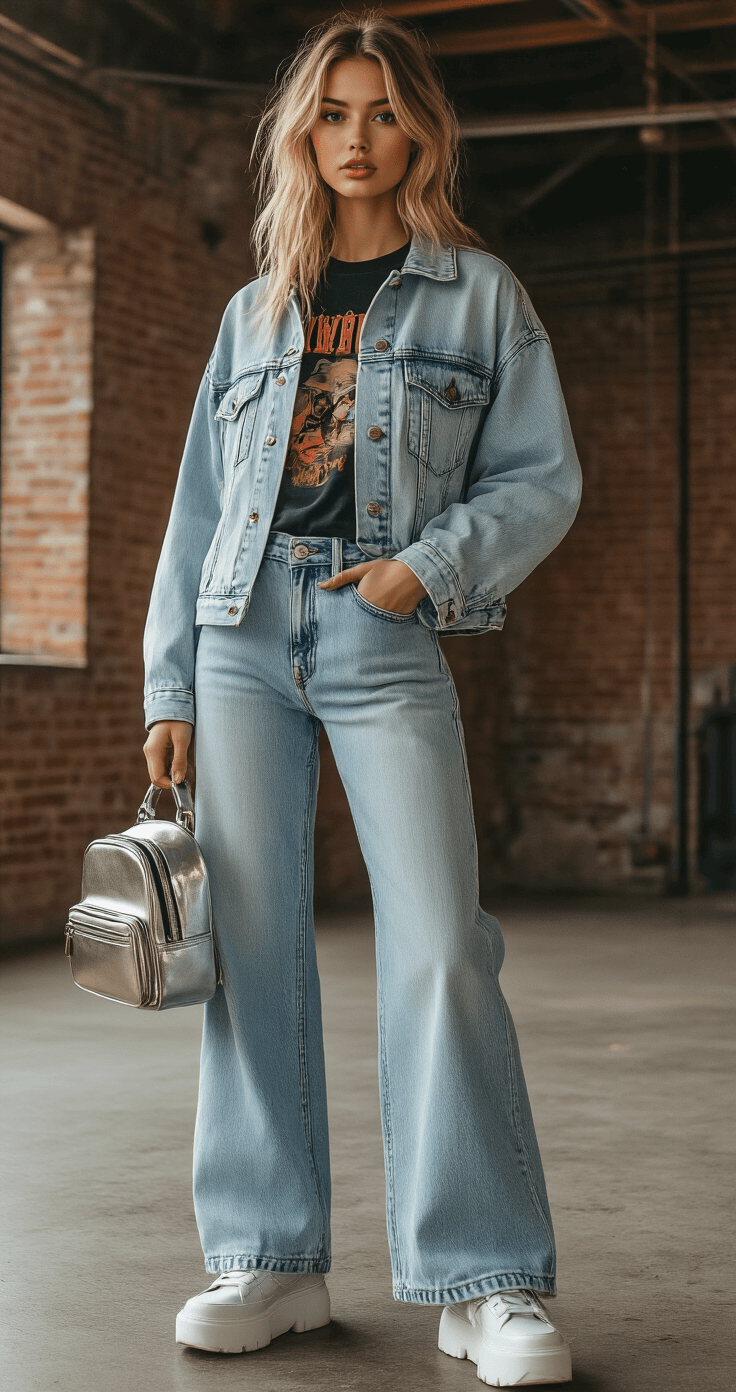 Model in oversized light wash denim jacket and matching wide-leg jeans, styled with a vintage band tee, posing in an industrial loft with exposed brick walls and metal fixtures. Chunky platform sneakers and a mini metallic backpack complete the outfit, captured from a low angle in soft diffused lighting for a moody atmosphere.