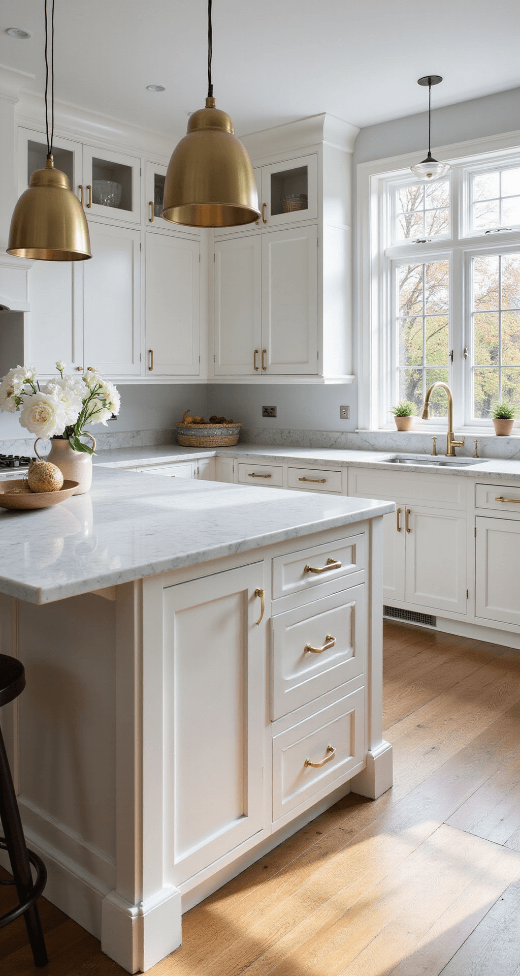 A contemporary kitchen featuring white shaker cabinets, Calacatta marble countertops, and brushed brass accents, illuminated by morning sunlight through floor-to-ceiling windows. The island has waterfall edges and minimalist bar stools, captured from the entrance at eye level.