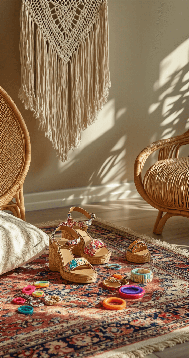 A bohemian-style bedroom showcasing rattan furniture and macramé wall hangings, with a close-up of a fashion flat lay on a vintage Persian rug featuring platform sandals, colorful plastic hair clips, and chokers, illuminated by morning light casting intriguing shadows.
