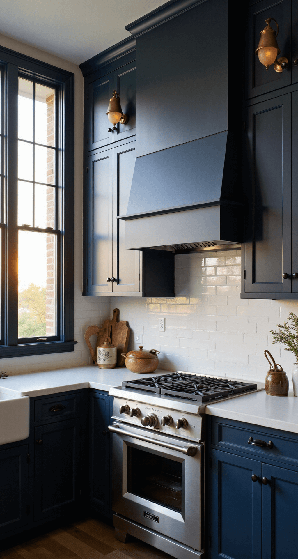 A dramatic navy blue kitchen with Hale Navy cabinets, white quartz countertops, and matte black hardware, illuminated by warm golden hour light from tall windows, featuring a custom hood and vintage brass sconces.
