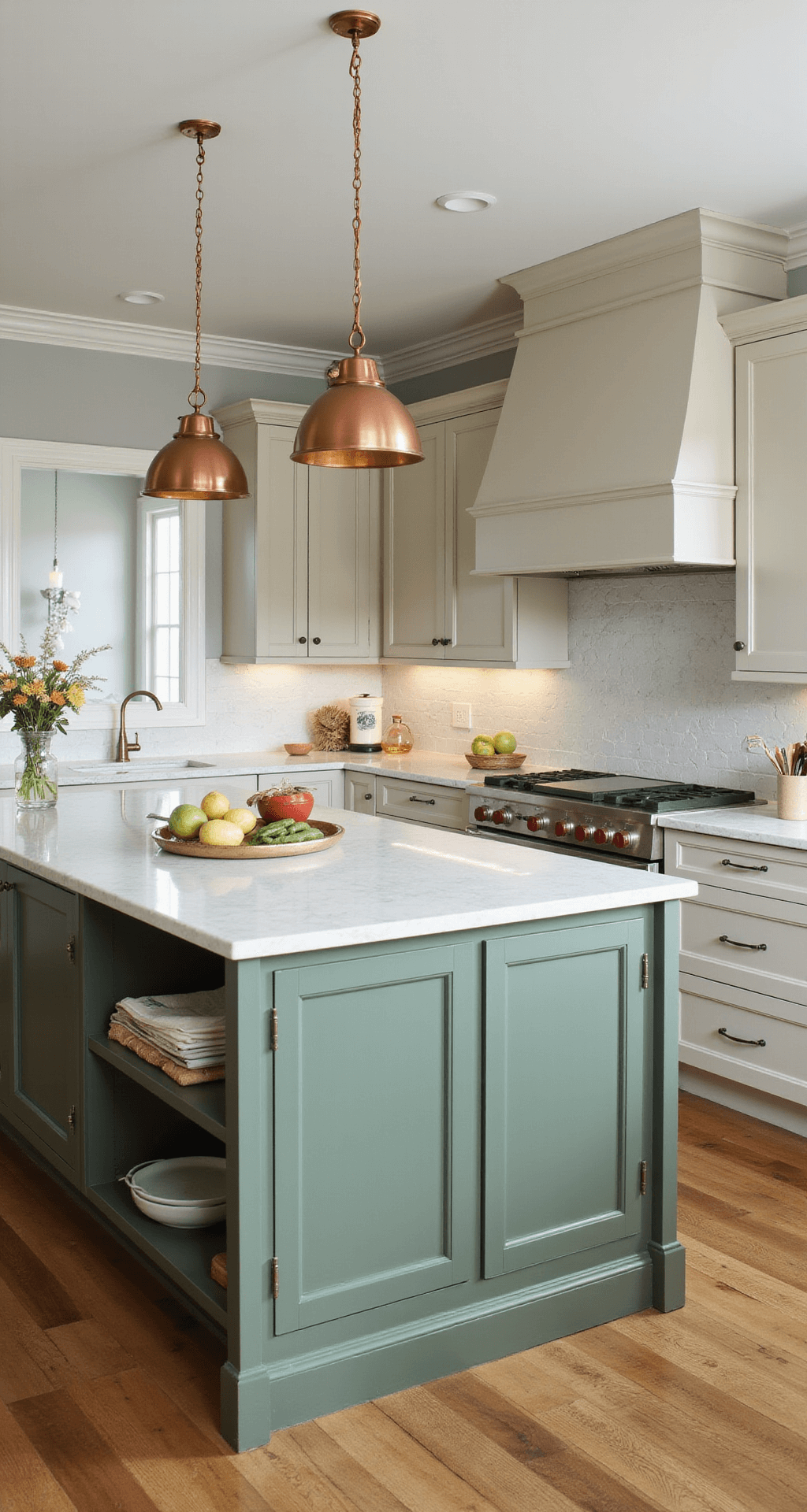 L-shaped kitchen with sage green island and light greige perimeter cabinets, showcasing 10ft ceilings with crown molding. Afternoon light highlights a marble backsplash and casts shadows, while copper pendant lights illuminate the island workspace in a warm glow.
