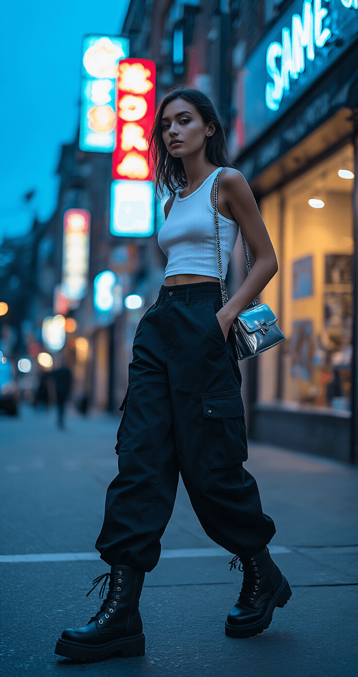 A model confidently walks at a street corner in a trendy neighborhood during blue hour, wearing baggy black cargo pants, a cropped white ribbed tank, and chunky black boots. A metallic silver shoulder bag adds shine, while ambient neon signs create a cinematic atmosphere. The shot is taken from street level with slight motion blur to convey movement.