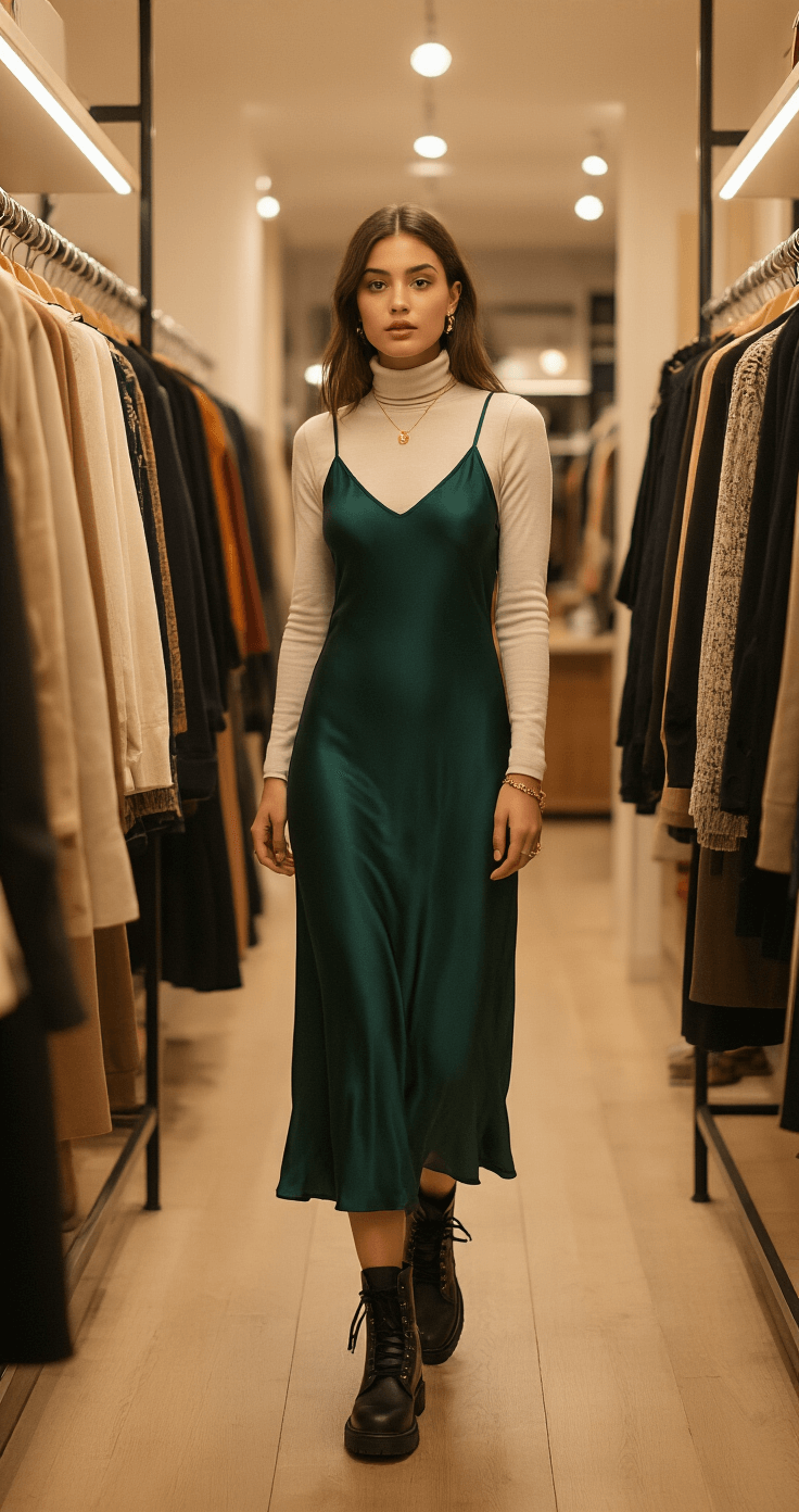 A model in a midi slip dress layered over a fitted turtleneck browses through a rack of vintage-inspired clothing in a warm and minimally decorated boutique, with selective focus on her outfit details, including combat boots and delicate gold jewelry.