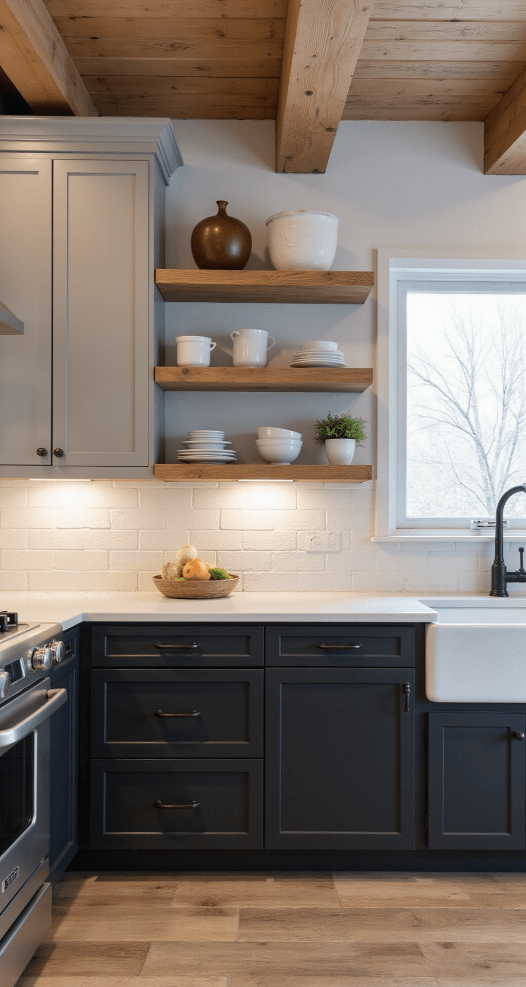 A modern farmhouse kitchen featuring matte black lower cabinets and warm taupe upper cabinets, with exposed wooden beams on 8ft ceilings, illuminated by diffused natural light. White oak open shelving and black metal hardware complement the design, while undercabinet lighting highlights a textural subway tile backsplash, showcasing the transition between cabinet colors.