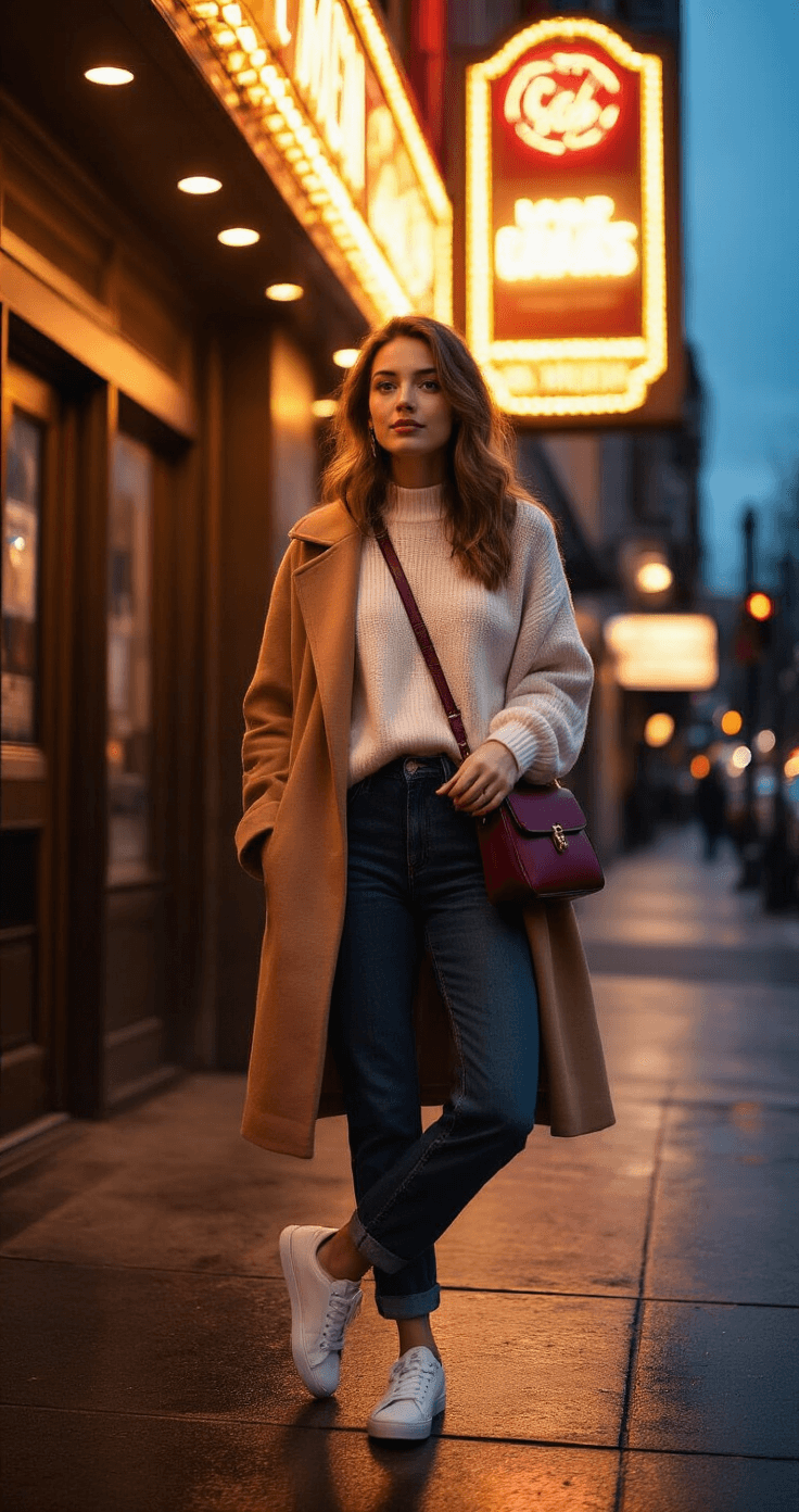 A young woman in high-waisted dark wash jeans and a cream oversized cashmere sweater stands at a cozy movie theater entrance at dusk, with golden hour lighting highlighting her burgundy leather crossbody bag. She wears white leather sneakers and a camel wool coat draped over her shoulders, while theater marquee lights reflect on the rain-kissed pavement, captured in hyper-realistic DSLR quality with a bokeh effect on neon signs.