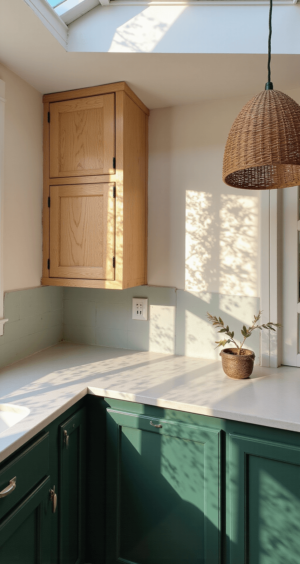 A sunlit kitchen with forest green base cabinets and white oak upper cabinets, featuring a skylight that illuminates the space during the golden hour. Counter-height perspective highlights vertical design elements, while woven pendant lights create intricate shadows on the textured cabinet surfaces.