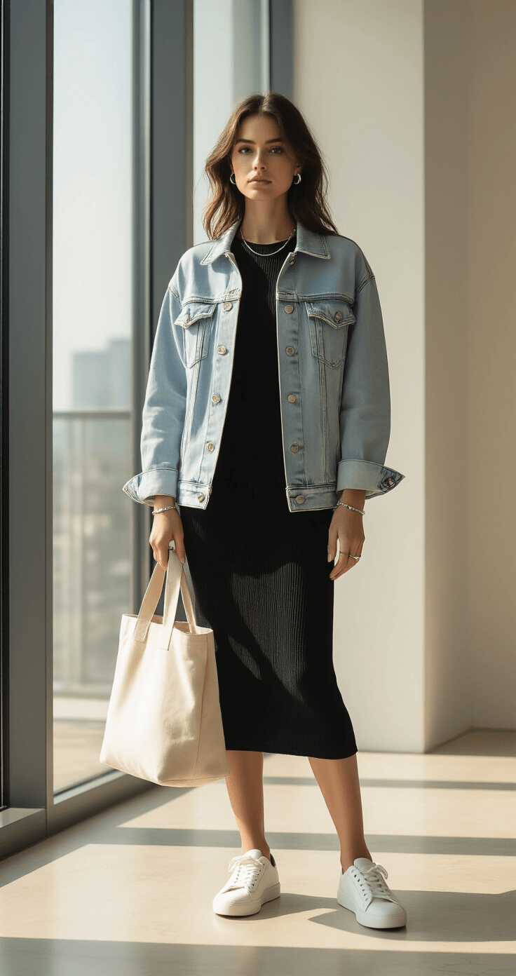 A woman in a minimalist modern apartment styles a midi dress outfit in natural light, wearing a black ribbed cotton dress under an oversized denim jacket, paired with silver jewelry, white leather sneakers, and a beige tote.
