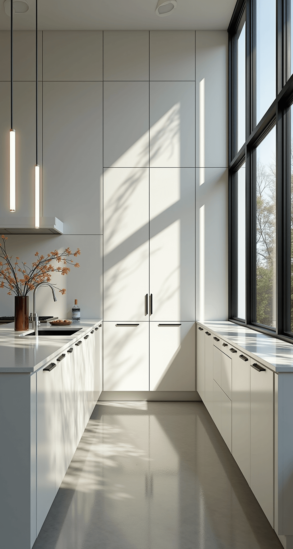 A minimalist kitchen featuring floor-to-ceiling Simply White cabinets and black steel-framed windows, with late afternoon light casting strong geometric shadows. Linear pendant lights accentuate the clean lines, while hidden LED lighting softly illuminates the cabinet faces, highlighting symmetry and scale.