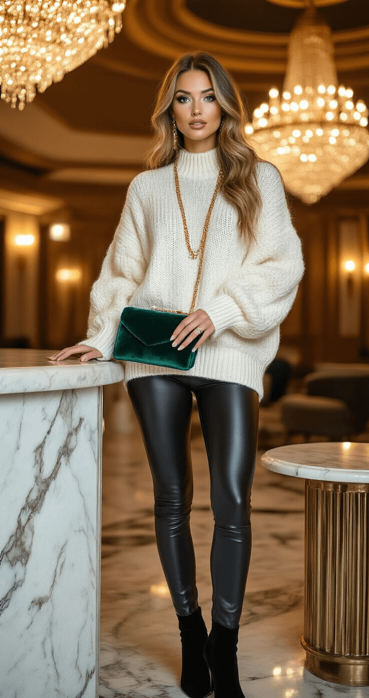 A woman in leather leggings and an oversized ivory chunky knit sweater sits in a luxe movie theater lounge, illuminated by crystal chandeliers. She wears black suede ankle boots and delicate gold chain necklaces, with an emerald green velvet clutch on a marble side table, all framed by warm ambient lighting and elegant architectural details.