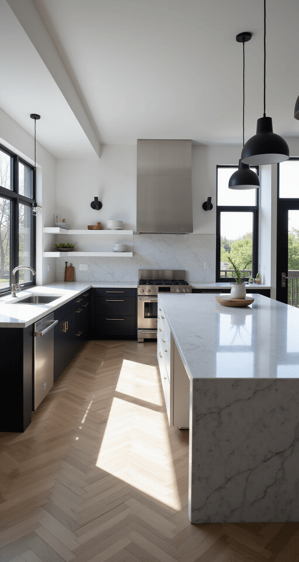 A modern minimalist kitchen featuring a white marble waterfall island, matte black lower cabinets, and crisp white upper cabinets with invisible handles, illuminated by early morning sunlight streaming through floor-to-ceiling windows, casting geometric shadows, with stainless steel appliances, black pendant lights, and white oak herringbone floors.