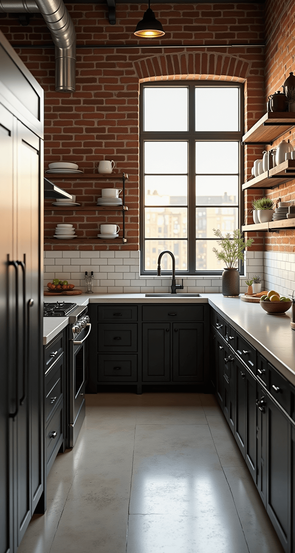 Industrial chic kitchen featuring an exposed brick wall, metal ductwork, and factory-style windows allowing golden hour light. Two-tone cabinets in black and white, concrete countertops, and subway tile backsplash. Vintage black pendant lights with brass interiors, reclaimed wood open shelving with white ceramics, capturing urban sophistication in a dramatic three-quarter view.