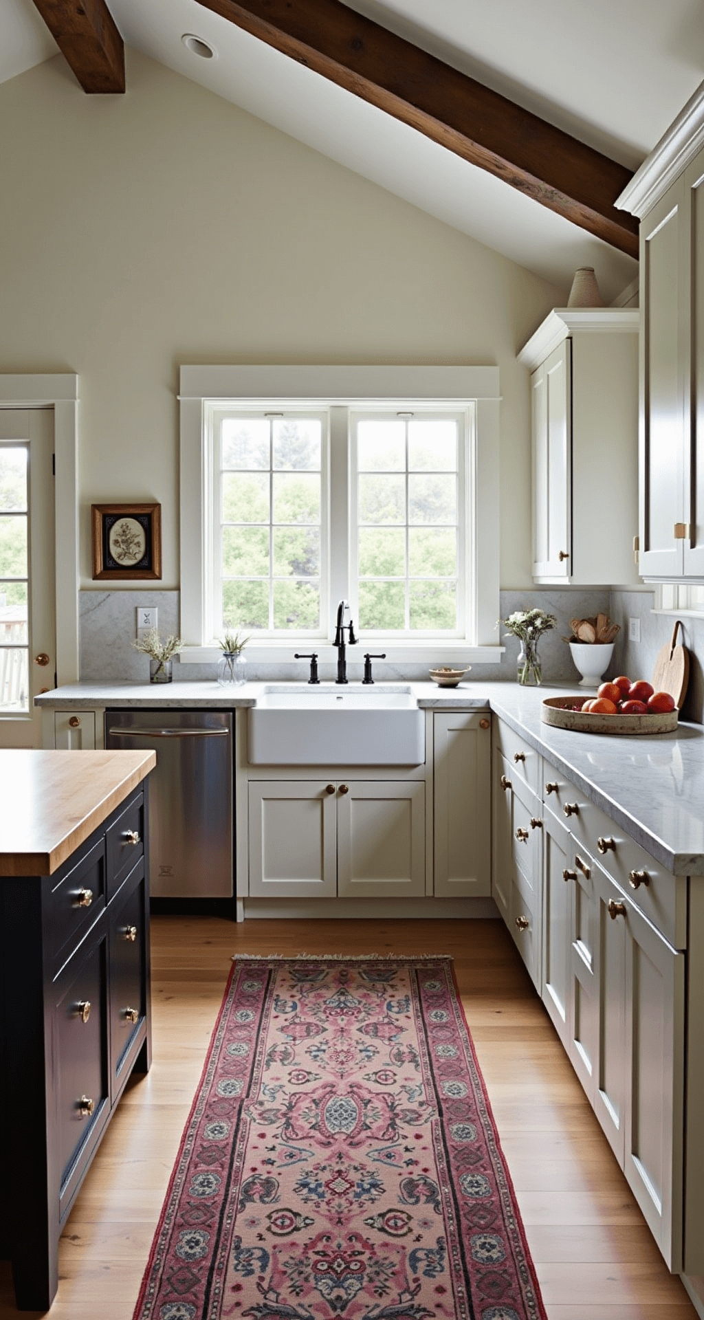 A contemporary farmhouse kitchen featuring vaulted ceilings and rustic beams, with mid-morning light streaming through mullioned windows. The space includes black Shaker-style island cabinets, white perimeter cabinets with brass hardware, a mix of butcher block and marble countertops, and a white ceramic apron sink. The image is taken from the entrance, showcasing the depth of the room, enhanced by natural and warm artificial lighting. A vintage rug adds a pop of color to the refined rustic atmosphere.