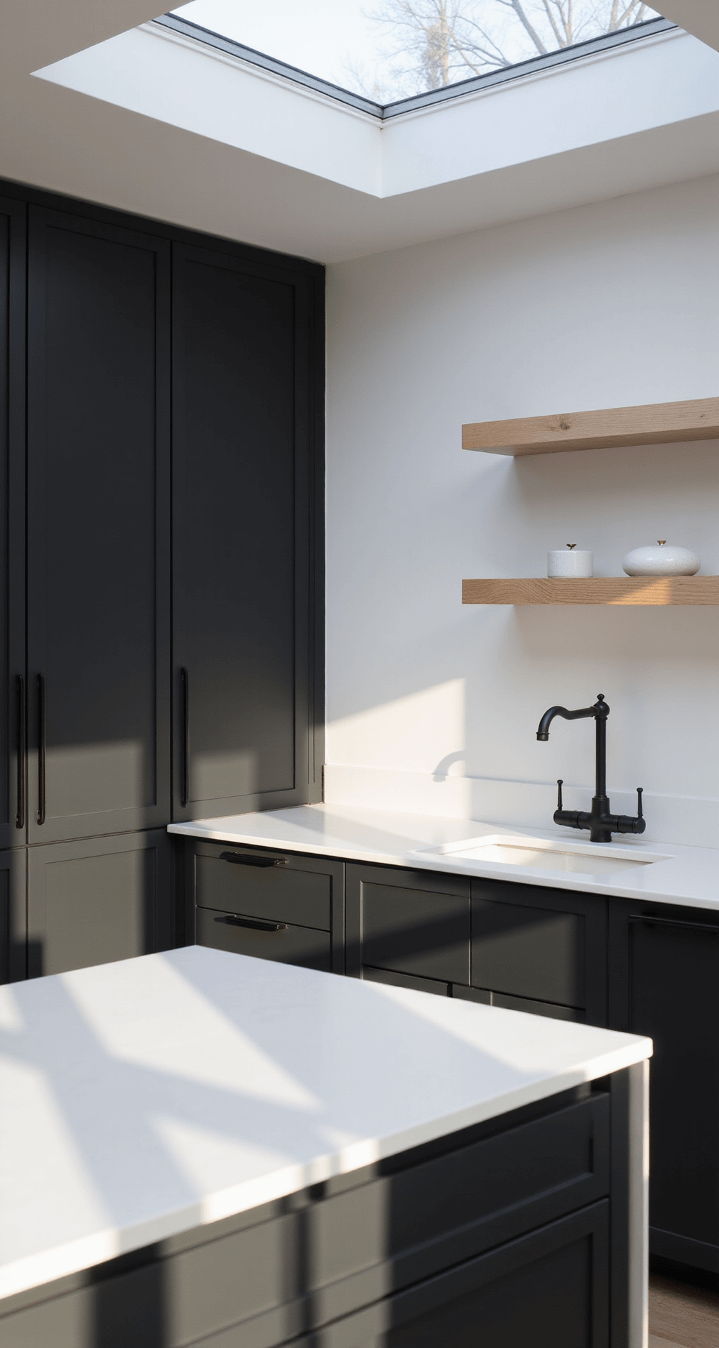 A minimalist Scandinavian kitchen featuring black floor-to-ceiling cabinets, white cabinetry, thin white quartz countertops, and matte black fixtures, bathed in soft afternoon light from a skylight, with low-angle perspective showcasing vertical lines and dramatic side lighting accentuating textures.